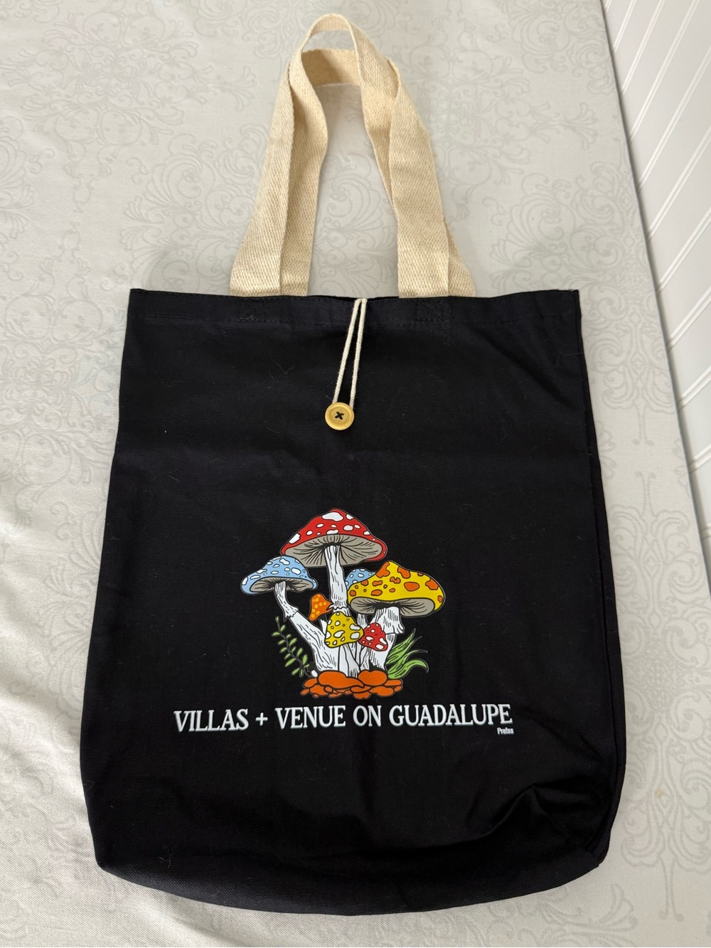 Mushroom Graphic Tote Bag with handle and button closure